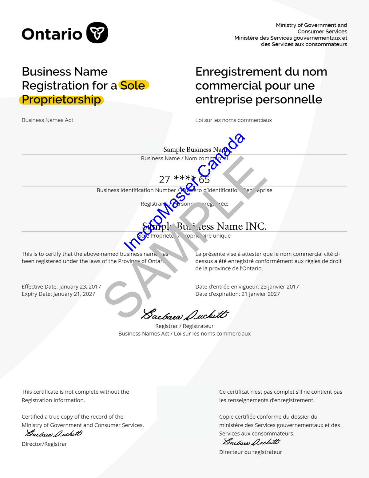 master business license number ontario