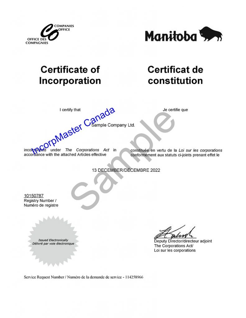 Sample of certificate of Incorporation MB - Nuans Canada