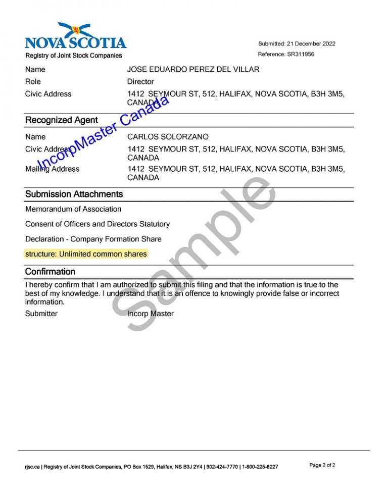 Sample of Basic Articles of Incorporation NS Nuans Canada